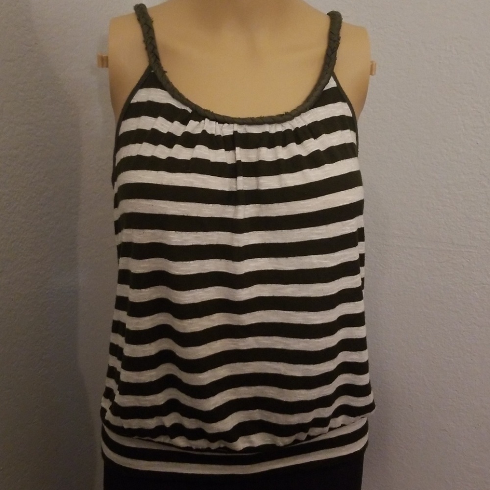 Cream & Olive Green Striped Top with Braided Strap